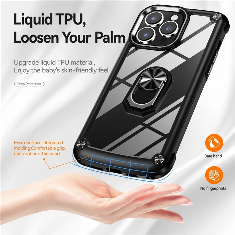 Anello Kickstand Case per iPhone 15 Pro Max Custodia Protettiva Telaio in Lega PC + TPU Cover per Telefono - Nero