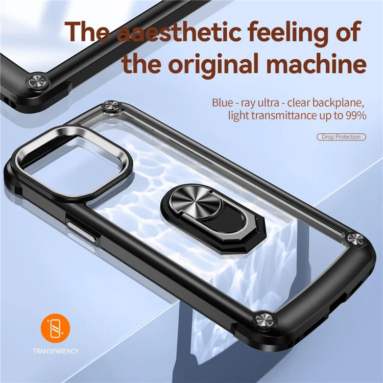 Anello Kickstand Case per iPhone 15 Pro Max Custodia Protettiva Telaio in Lega PC + TPU Cover per Telefono - Nero