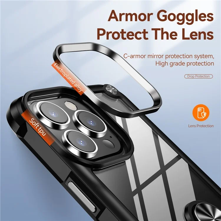 Anello Kickstand Case per iPhone 15 Pro Max Custodia Protettiva Telaio in Lega PC + TPU Cover per Telefono - Nero