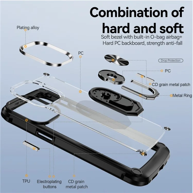 Anello Kickstand Case per iPhone 15 Pro Max Custodia Protettiva Telaio in Lega PC + TPU Cover per Telefono - Nero