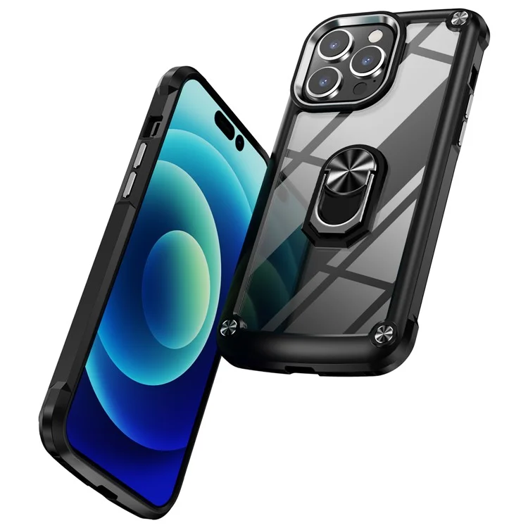 Anello Kickstand Case per iPhone 15 Pro Max Custodia Protettiva Telaio in Lega PC + TPU Cover per Telefono - Nero