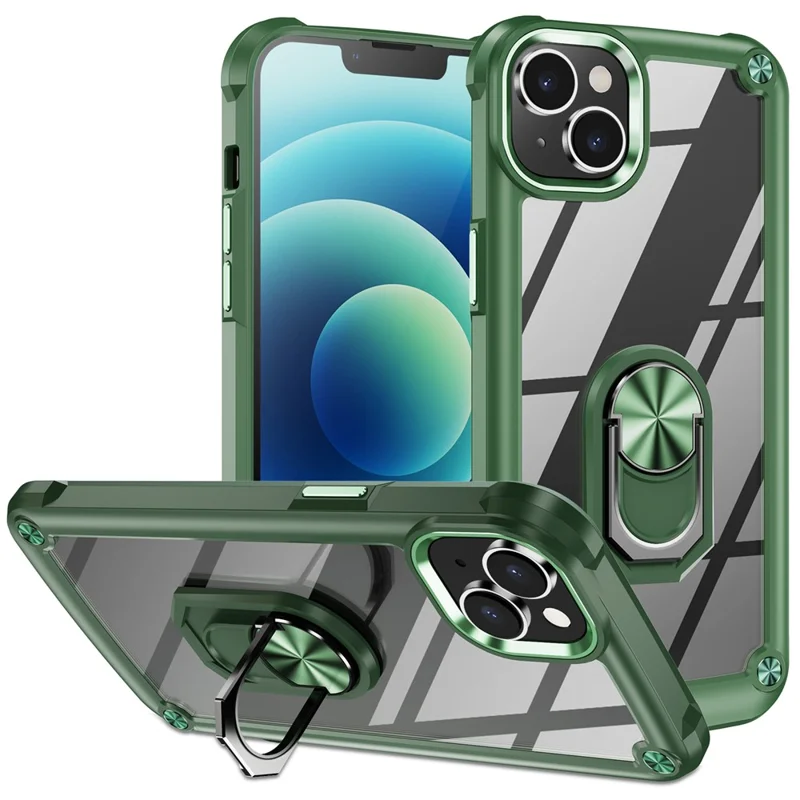 For iPhone 15 Shockproof Case Ring Kickstand PC + TPU Phone Cover with Alloy Lens Frame - Green