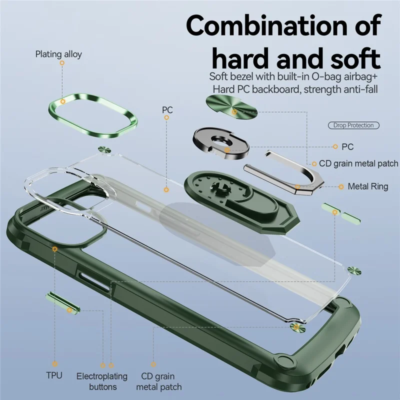 For iPhone 15 Shockproof Case Ring Kickstand PC + TPU Phone Cover with Alloy Lens Frame - Green