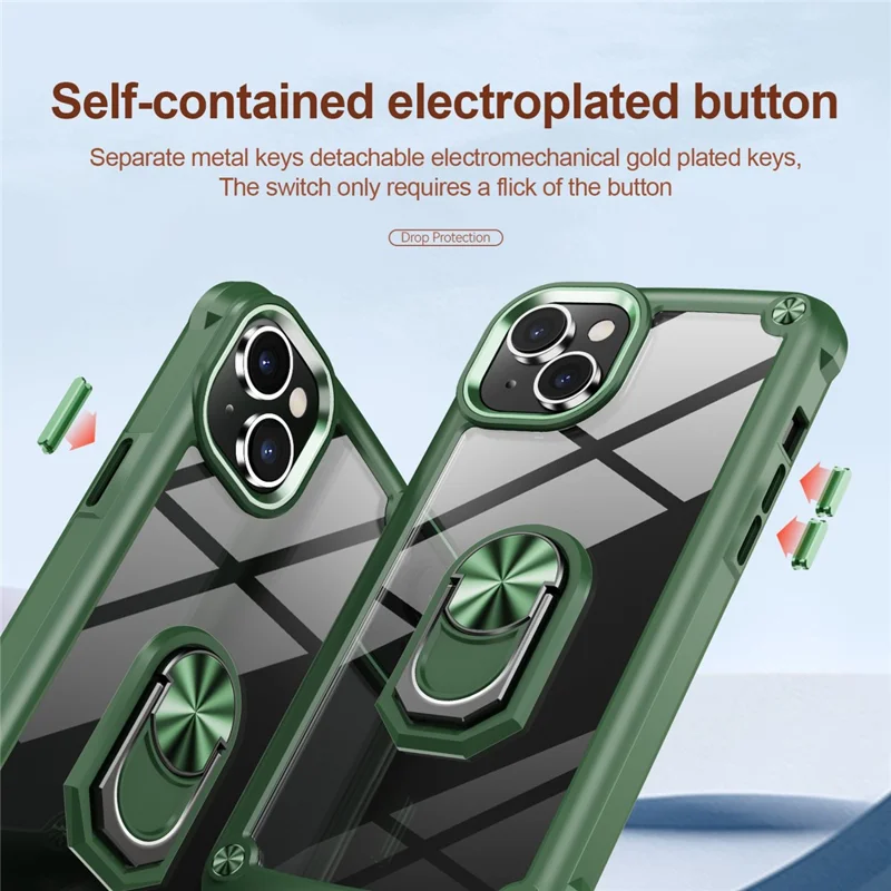 For iPhone 15 Shockproof Case Ring Kickstand PC + TPU Phone Cover with Alloy Lens Frame - Green