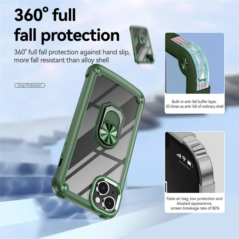 For iPhone 15 Shockproof Case Ring Kickstand PC + TPU Phone Cover with Alloy Lens Frame - Green
