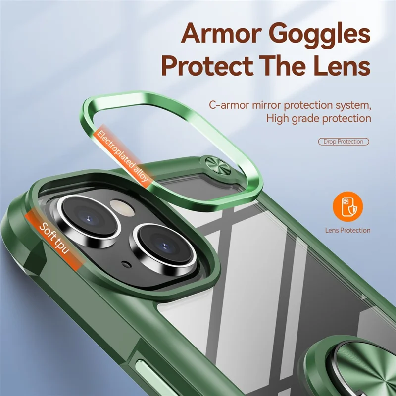 For iPhone 15 Shockproof Case Ring Kickstand PC + TPU Phone Cover with Alloy Lens Frame - Green