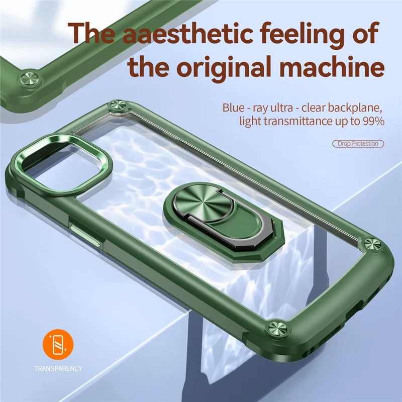 For iPhone 15 Shockproof Case Ring Kickstand PC + TPU Phone Cover with Alloy Lens Frame - Green