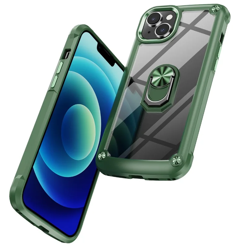 For iPhone 15 Shockproof Case Ring Kickstand PC + TPU Phone Cover with Alloy Lens Frame - Green