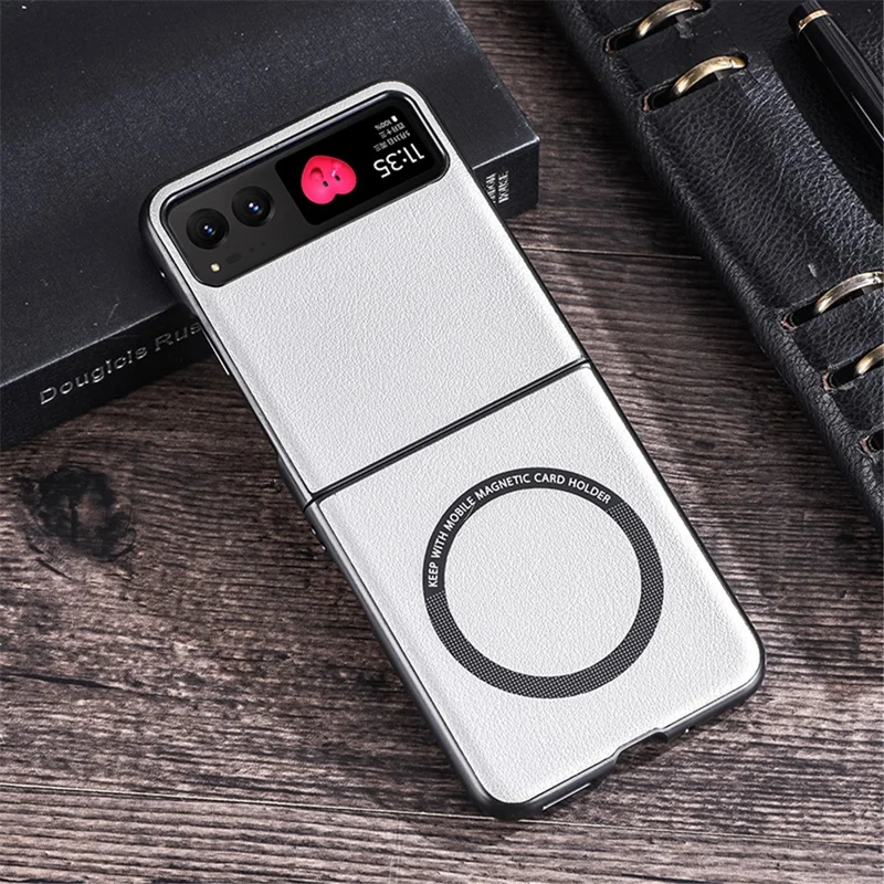 For Motorola Razr 40 5G Magnetic Phone Case PU Leather+PC Hard Cover Compatible with Magsafe - White