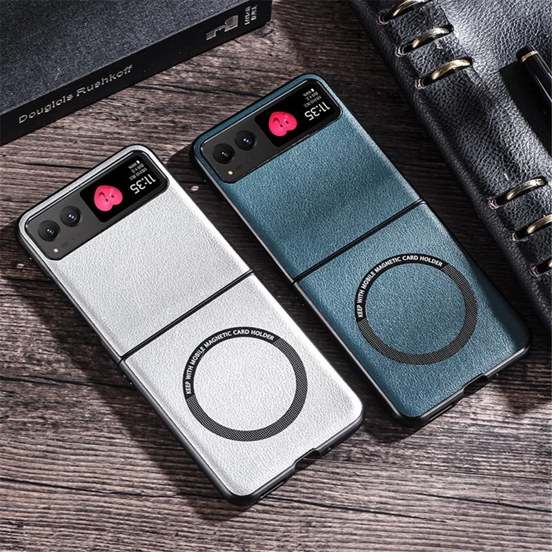 For Motorola Razr 40 5G Magnetic Phone Case PU Leather+PC Hard Cover Compatible with Magsafe - White