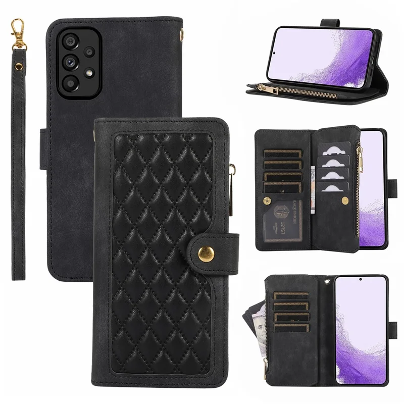For Samsung Galaxy A52 4G / 5G / A52s 5G Leather Phone Case Multiple Card Slots Zipper Pocket Cover - Black