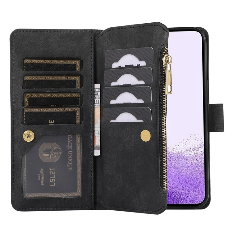 For Samsung Galaxy A52 4G / 5G / A52s 5G Leather Phone Case Multiple Card Slots Zipper Pocket Cover - Black