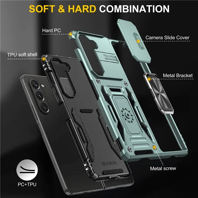 Per Samsung Galaxy Z Fold5 5G Armor Series PC + TPU Custodia per telefono Copertura con supporto metallico Slide Camera Lid - Verde