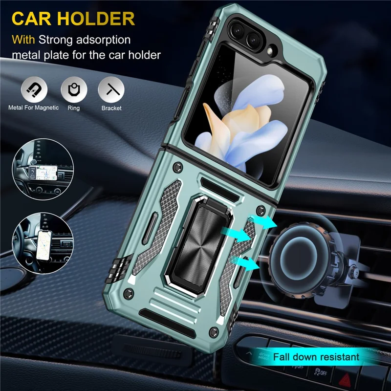 For Samsung Galaxy Z Flip5 5G Armor Series PC + TPU Anti-drop Phone Case Metal Kickstand Cover - Green