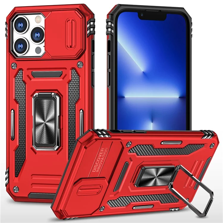 Armor Series For iPhone 15 Pro Slide Camera Lid Phone Case Metal Kickstand PC+TPU Cover - Red