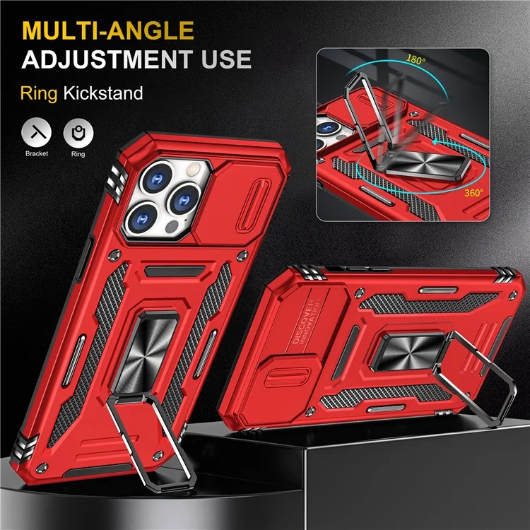 Armor Series For iPhone 15 Pro Slide Camera Lid Phone Case Metal Kickstand PC+TPU Cover - Red