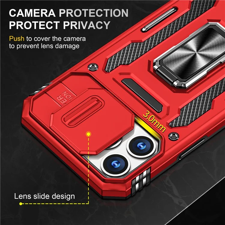 Armor Series For iPhone 15 Pro Slide Camera Lid Phone Case Metal Kickstand PC+TPU Cover - Red