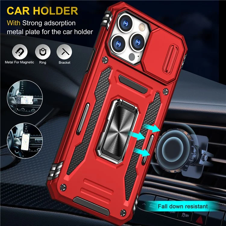 Armor Series For iPhone 15 Pro Slide Camera Lid Phone Case Metal Kickstand PC+TPU Cover - Red