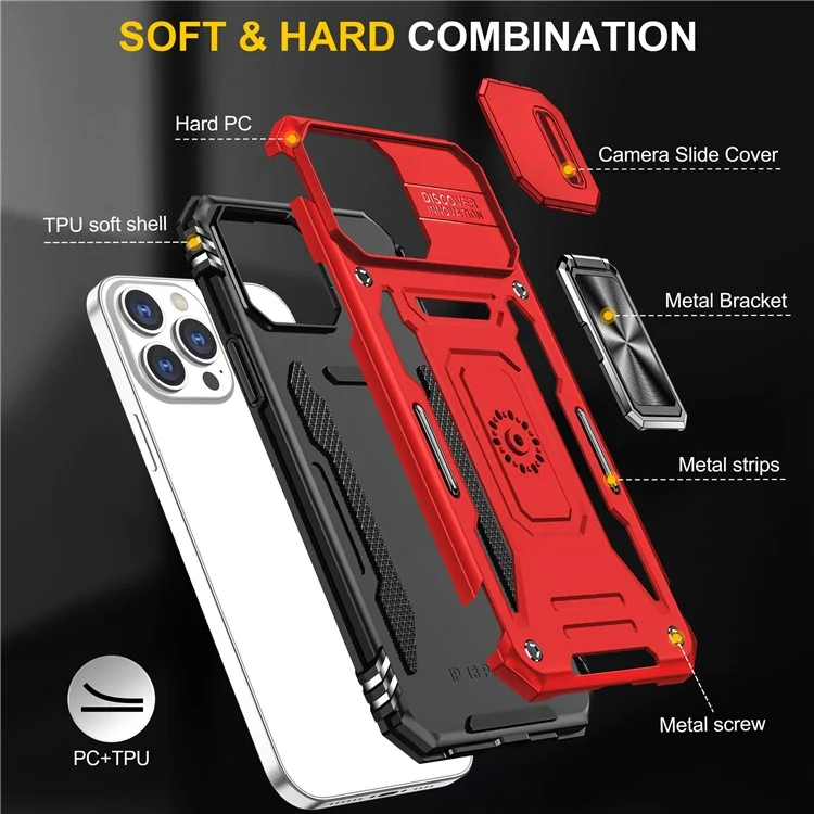 Armor Series For iPhone 15 Pro Slide Camera Lid Phone Case Metal Kickstand PC+TPU Cover - Red