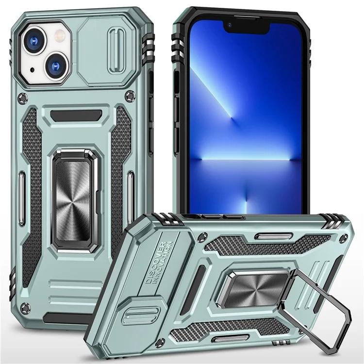 Armor Series For iPhone 15 Metal Kickstand Back Cover Slide Camera Shield PC+TPU Phone Case - Green