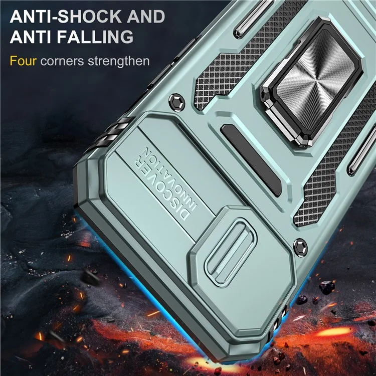 Armor Series For iPhone 15 Metal Kickstand Back Cover Slide Camera Shield PC+TPU Phone Case - Green