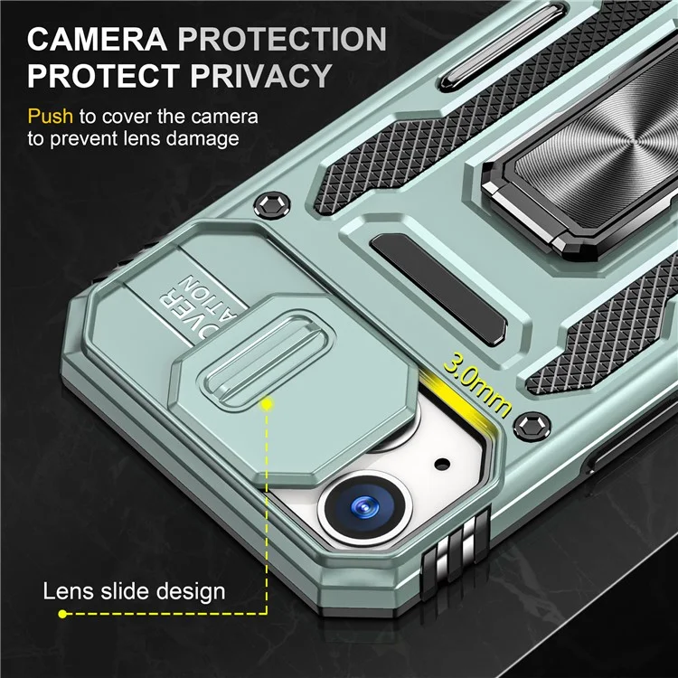 Armor Series For iPhone 15 Metal Kickstand Back Cover Slide Camera Shield PC+TPU Phone Case - Green