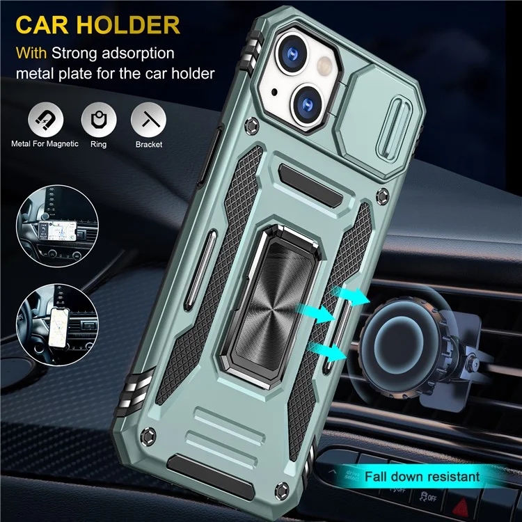 Armor Series For iPhone 15 Metal Kickstand Back Cover Slide Camera Shield PC+TPU Phone Case - Green
