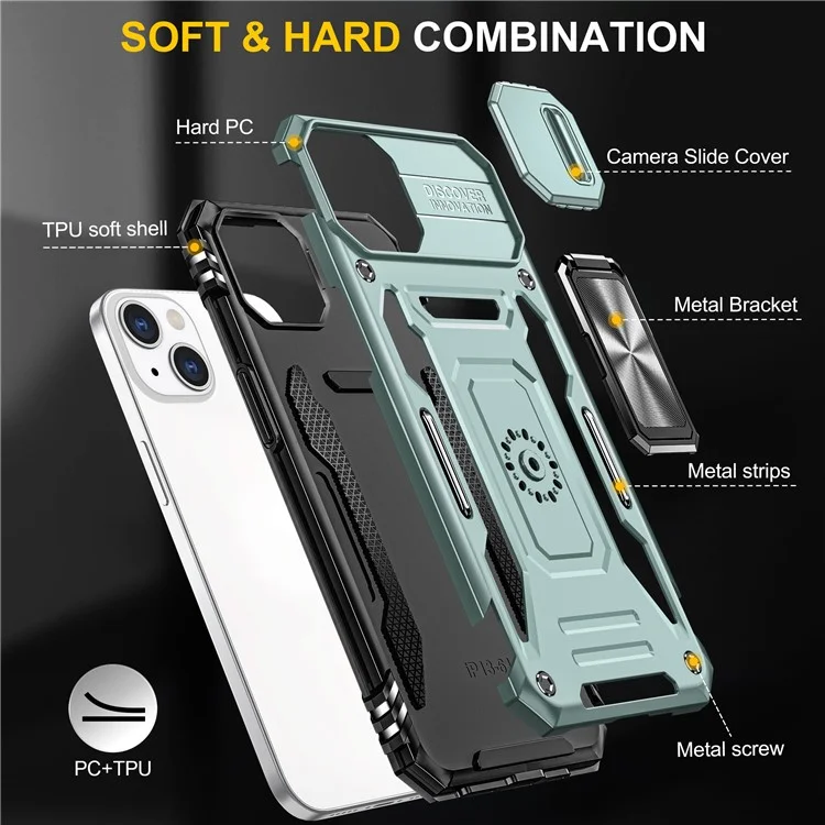 Armor Series For iPhone 15 Metal Kickstand Back Cover Slide Camera Shield PC+TPU Phone Case - Green