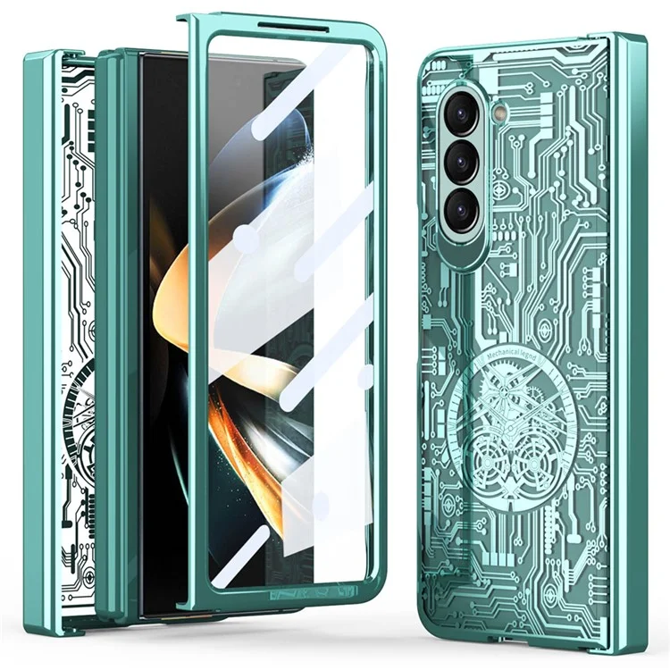 Механическая легендарная серия для Samsung Galaxy Z Fold5 5G Электрохромированный чехол для телефона с сенсорной панелью и закаленной стеклянной пленкой - зеленый