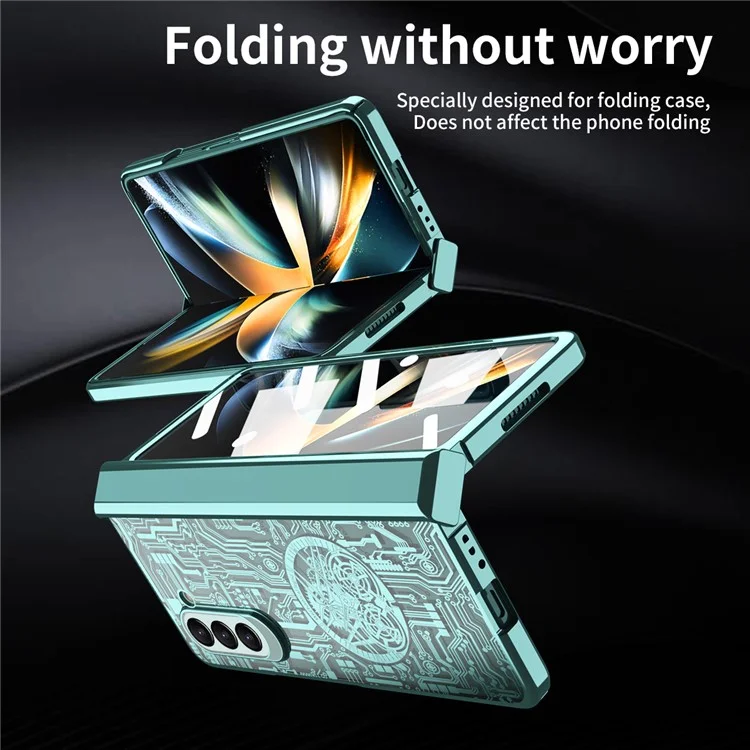 Механическая легендарная серия для Samsung Galaxy Z Fold5 5G Электрохромированный чехол для телефона с сенсорной панелью и закаленной стеклянной пленкой - зеленый
