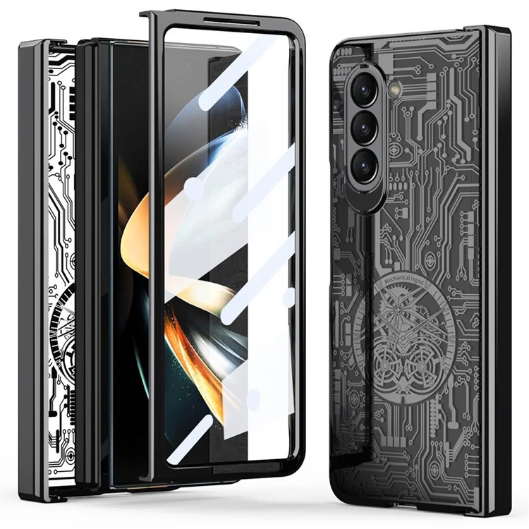Mechanical Legend Series For Samsung Galaxy Z Fold5 5G Electroplating Phone Case All-Inclusive PC Cover with Tempered Glass Film - Black