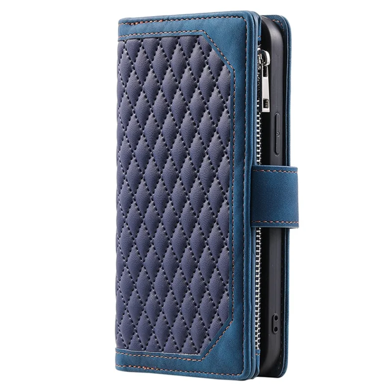 For Xiaomi Redmi 12 4G Phone Case PU Leather Shell Rhombus Pattern Imprinted Zipper Pocket Wallet Stand Cover - Blue