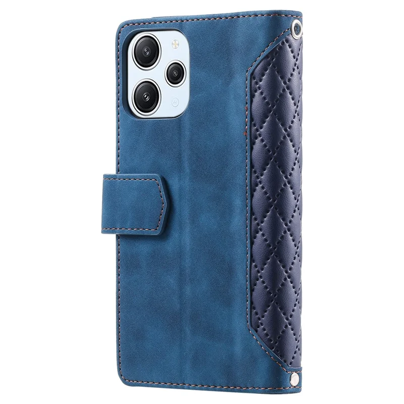 For Xiaomi Redmi 12 4G Phone Case PU Leather Shell Rhombus Pattern Imprinted Zipper Pocket Wallet Stand Cover - Blue