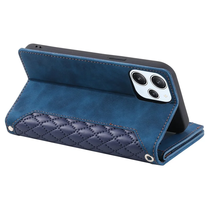 For Xiaomi Redmi 12 4G Phone Case PU Leather Shell Rhombus Pattern Imprinted Zipper Pocket Wallet Stand Cover - Blue
