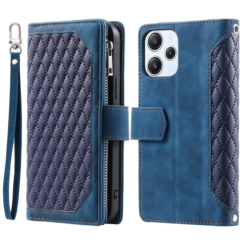 For Xiaomi Redmi 12 4G Phone Case PU Leather Shell Rhombus Pattern Imprinted Zipper Pocket Wallet Stand Cover - Blue