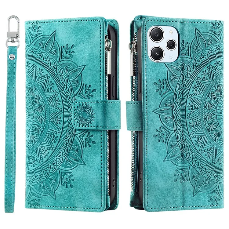 Для Xiaomi Redmi 12 4G PU Leather Mandala Flower Imprinted Stand Cover Card Holder Zipper Pocket Wallet Phone Case with Strap - Green