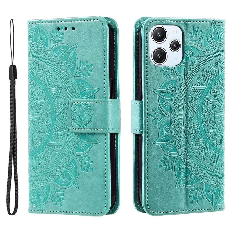 Capa de Suporte para Xiaomi Redmi 12 4G Couro PU Impressão de Flor Mandala Carteira Capa de Telefone com Alça - Verde