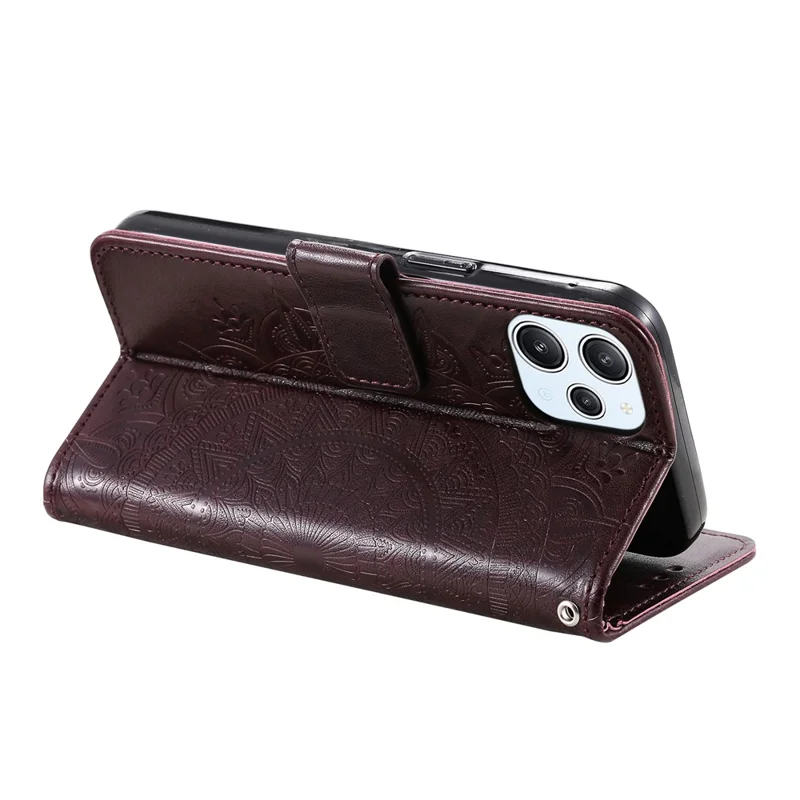 Stand Cover for Xiaomi Redmi 12 4G PU Leather Mandala Flower Imprint Wallet Phone Case with Strap - Brown
