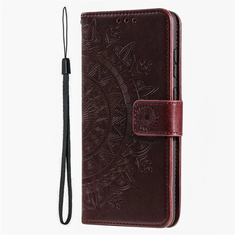 Stand Cover for Xiaomi Redmi 12 4G PU Leather Mandala Flower Imprint Wallet Phone Case with Strap - Brown