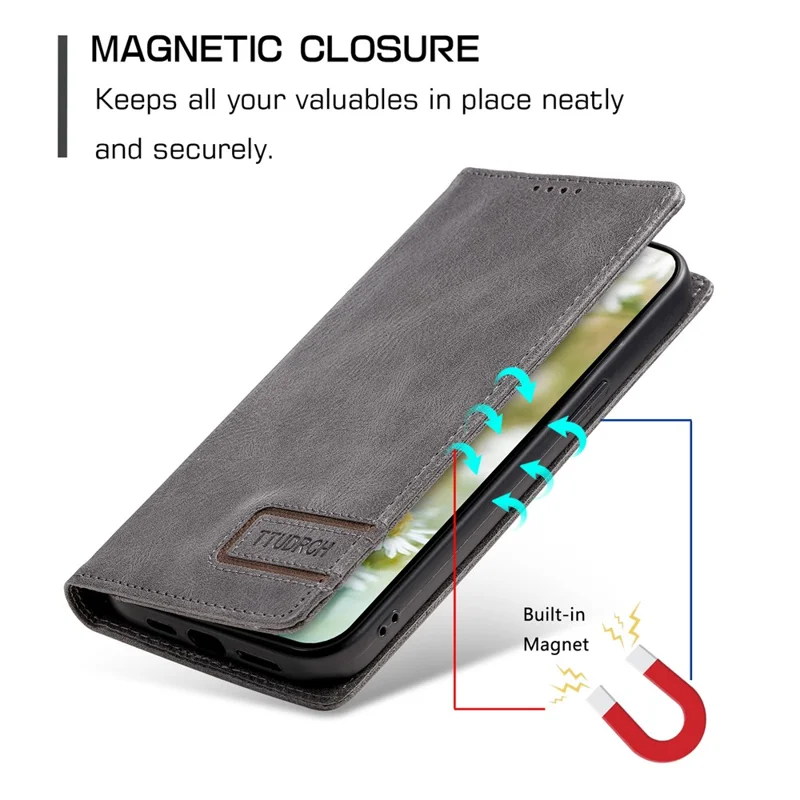 TTUDRCH Стиль 007 RFID-блокирующий чехол для Xiaomi Redmi 12 4G Stand Phone Case Wallet Leather Cover - Grey