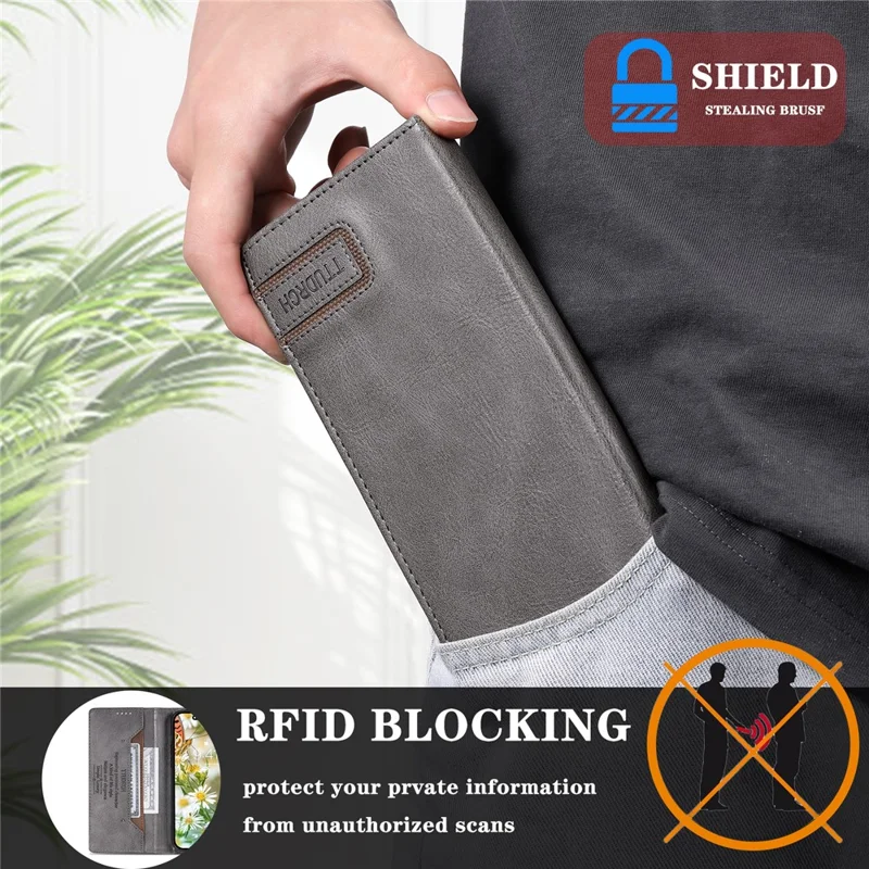 TTUDRCH Стиль 007 RFID-блокирующий чехол для Xiaomi Redmi 12 4G Stand Phone Case Wallet Leather Cover - Grey