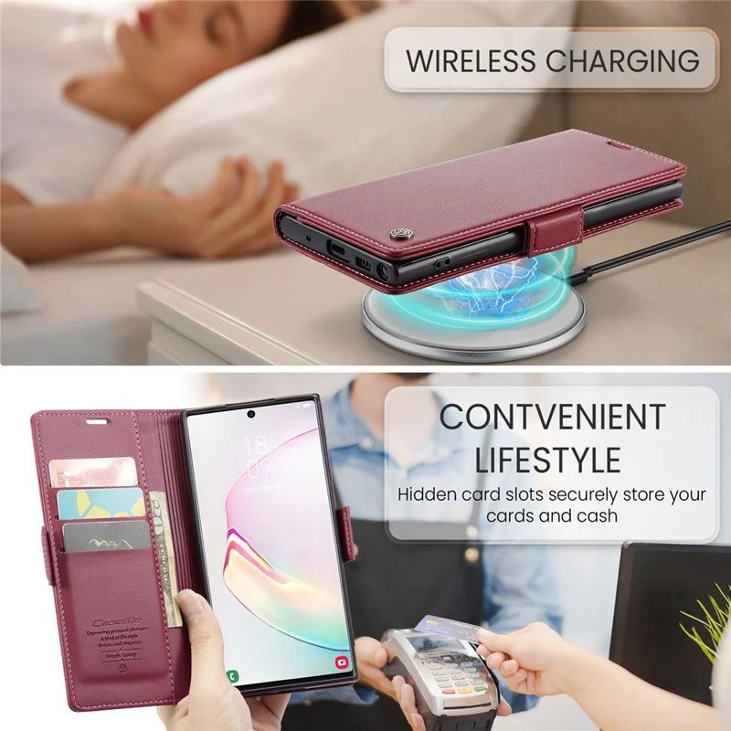 For Samsung Galaxy Note 10 Plus 4G Leather Case CASEME 023 RFID Blocking 3 Card Slot Mobile Cover - Red
