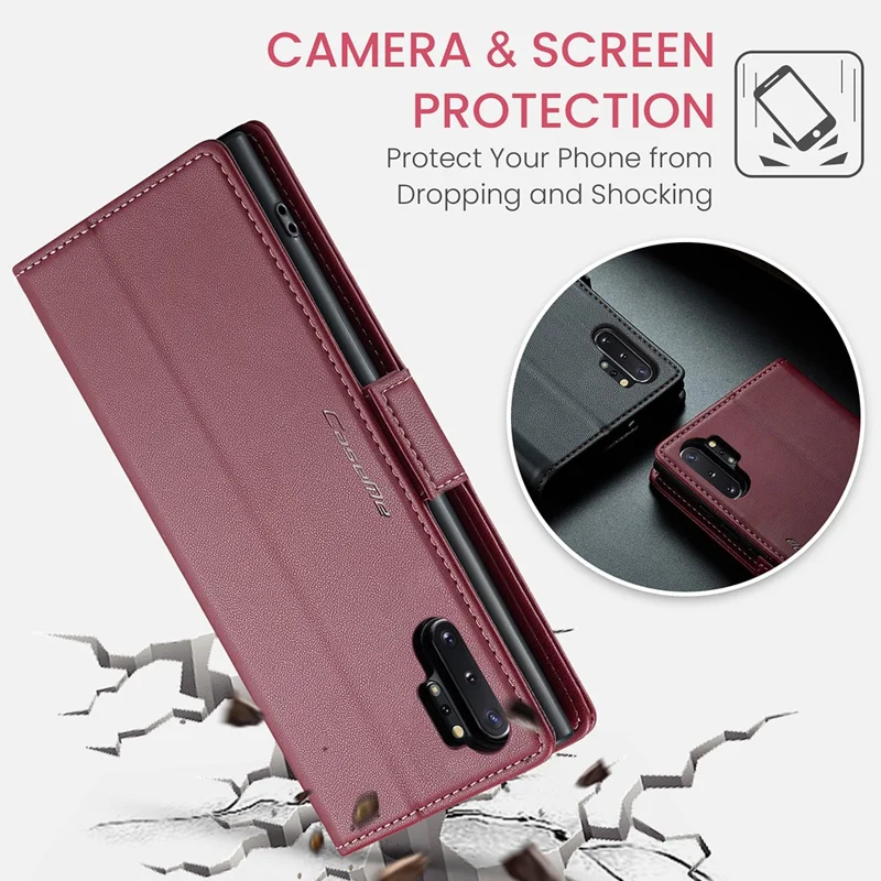 For Samsung Galaxy Note 10 Plus 4G Leather Case CASEME 023 RFID Blocking 3 Card Slot Mobile Cover - Red