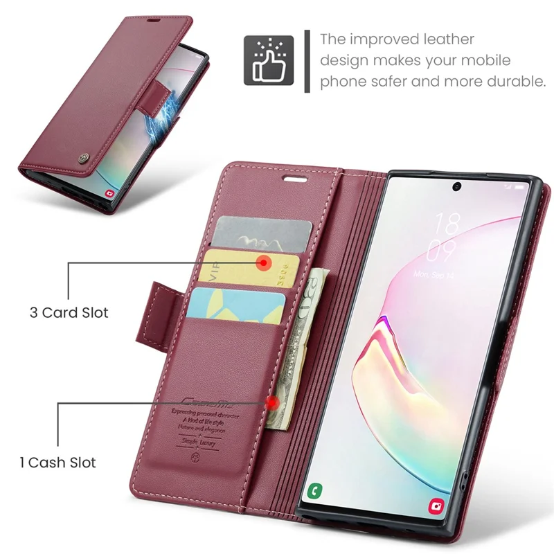 For Samsung Galaxy Note 10 Plus 4G Leather Case CASEME 023 RFID Blocking 3 Card Slot Mobile Cover - Red