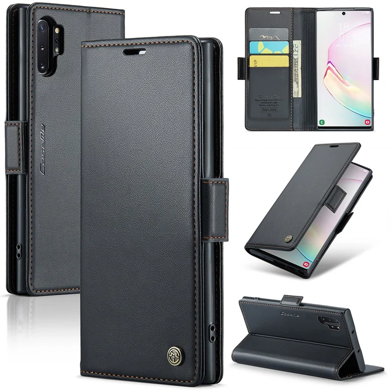 For Samsung Galaxy Note 10 Plus 4G Leather Case CASEME 023 RFID Blocking 3 Card Slot Mobile Cover - Black