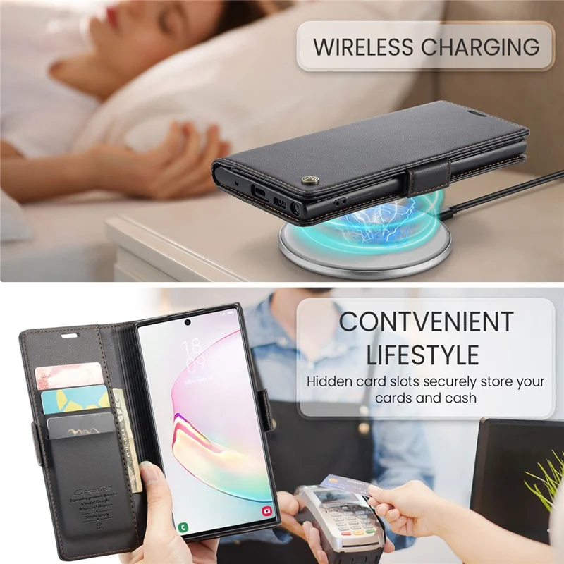 For Samsung Galaxy Note 10 Plus 4G Leather Case CASEME 023 RFID Blocking 3 Card Slot Mobile Cover - Black