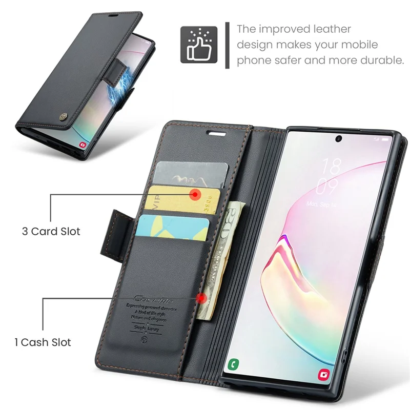 For Samsung Galaxy Note 10 Plus 4G Leather Case CASEME 023 RFID Blocking 3 Card Slot Mobile Cover - Black