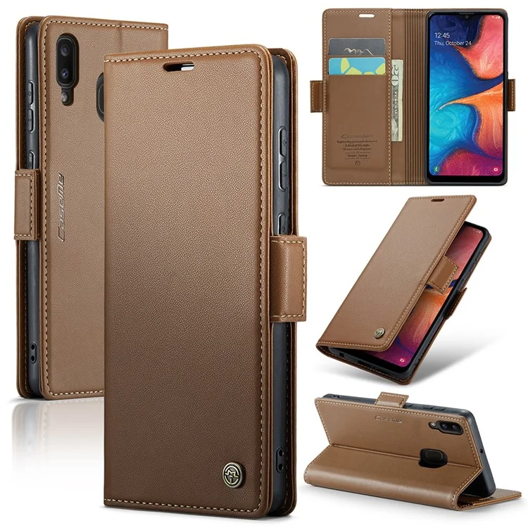 CASEME 023 Series For Samsung Galaxy A40 RFID Blocking PU Leather Phone Case Stand Wallet Anti-drop Cover - Brown