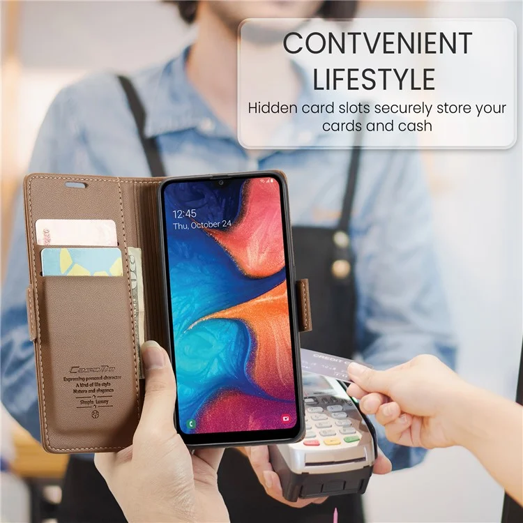 CASEME 023 Series For Samsung Galaxy A40 RFID Blocking PU Leather Phone Case Stand Wallet Anti-drop Cover - Brown