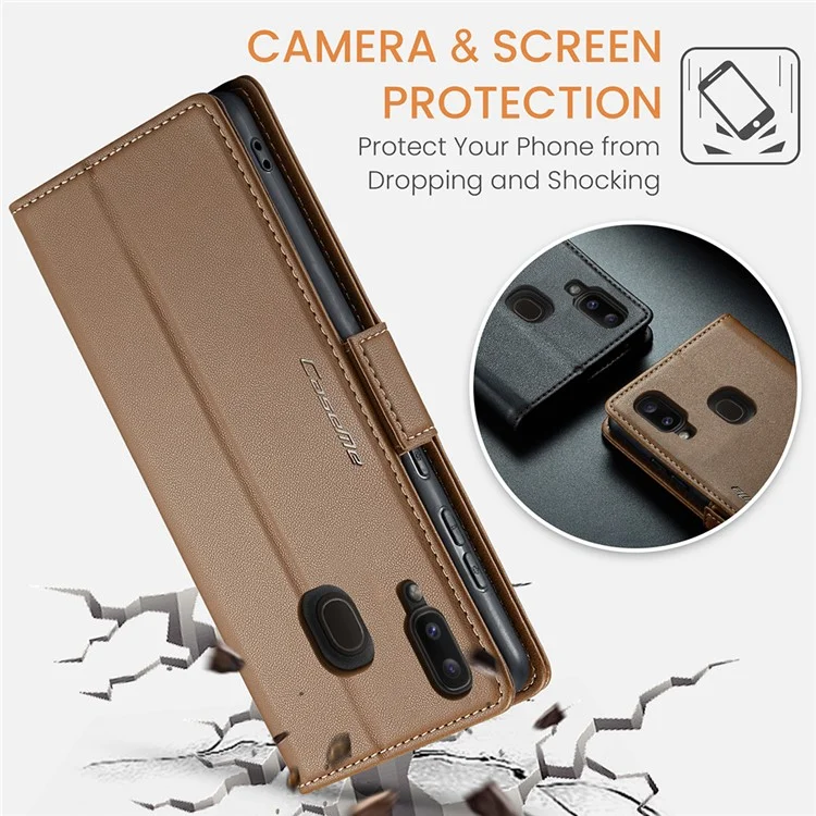 CASEME 023 Series For Samsung Galaxy A40 RFID Blocking PU Leather Phone Case Stand Wallet Anti-drop Cover - Brown
